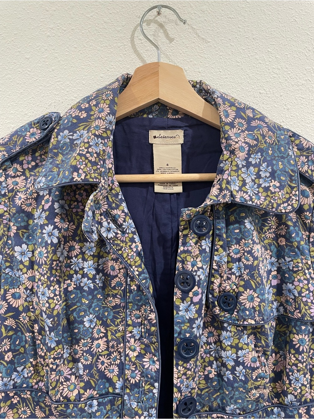 Anthropologie Elevenses Floral Rain Jacket Trench Coat Blue Purple Spring Size 4 - Picture 3 of 11